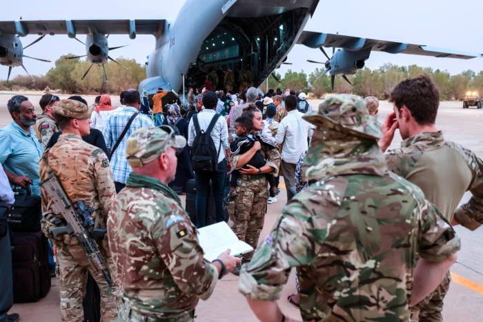 the evacuation of British Nationals on to an awaiting RAF aircraft at Wadi Seidna Air Base in Khartoum, Sudan