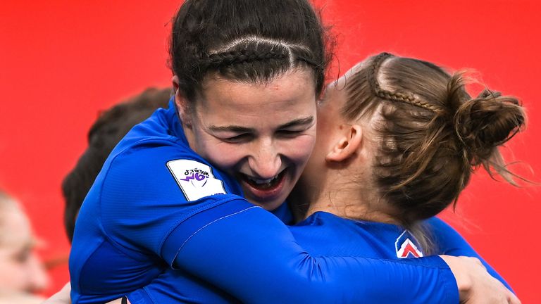 Gabrielle Vernier and Emeline Gros celebrate after France's win over Ireland