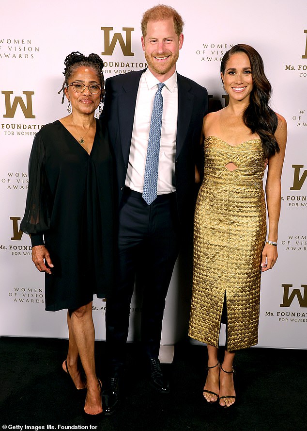 Doria Ragland, Prince Harry and Meghan Markle at Ziegfeld Ballroom in New York on Tuesday