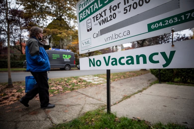 A rental availability sign showing no vacancy is pictured outside of an apartment building in Vancouver, British Columbia on Monday, November 21, 2022. 