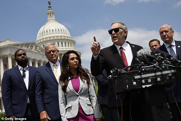 House Freedom Caucus members (L-R) Rep. Byron Donalds (R-FL), Rep. Ralph Norman (R-SC), Rep. Lauren Boebert (R-CO), Rep. Andy Biggs (R-AZ), Rep. Michael Cloud (R-TX) and Rep. Dan Bishop (R-NC) blasted the budget deal on Tuesday