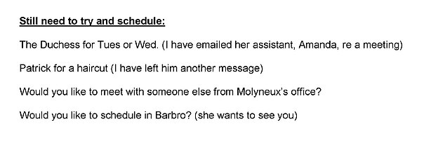 In a scheduling entry for March 3, 2010, Epstein's assistant wrote: 'Still need to try and schedule the Duchess for Tues or Wed (I have emailed her assistant, Amanda, RE a meeting'