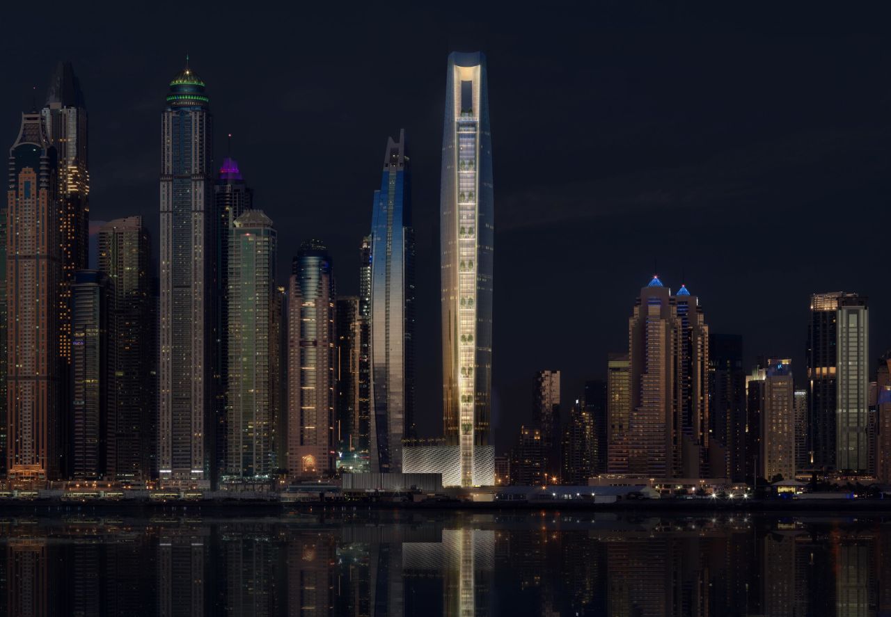 A rendering of Ciel Tower at night.