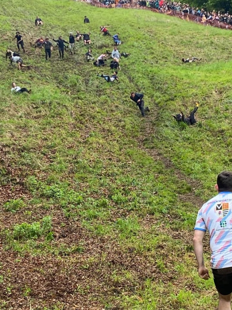 A couple dozen people roll and tumble down a steep grassy hill.