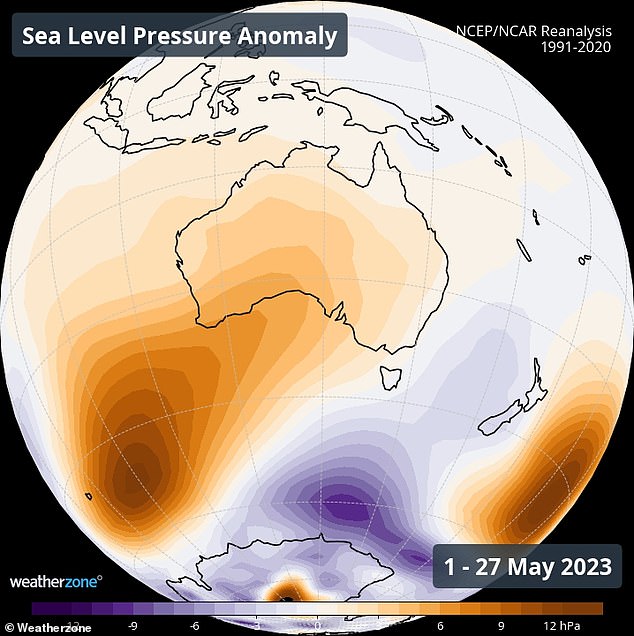 A series of large high pressure systems hovering over Australia's centre and southwest have created a stream of cold air over the east and southeast