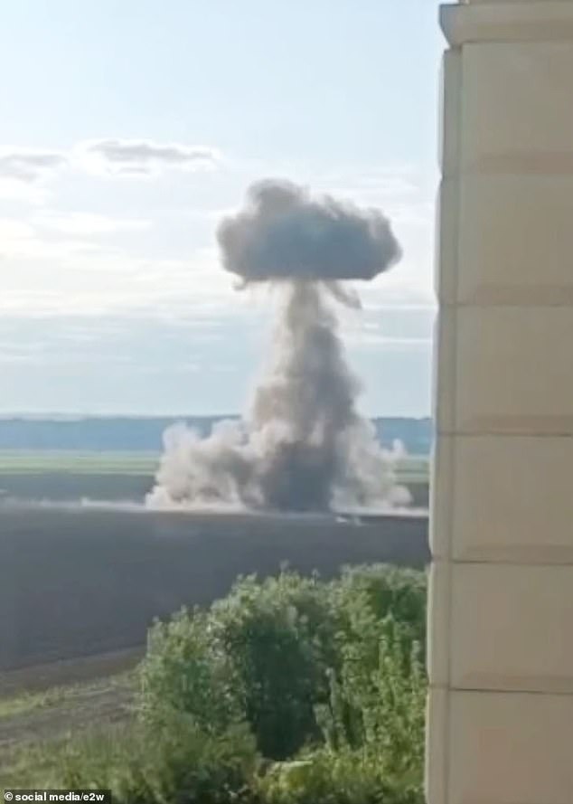 Footage purportedly shows a suspected Ukrainian drone explode with a mushroom cloud (pictured) near Usovo village, which is close to Vladimir Putin's official residence, on Tuesday