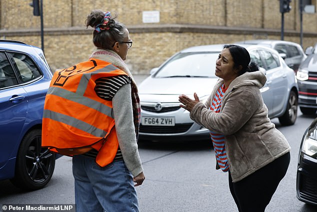 A driver pleads with an activist from Just Stop Oil as they block a road