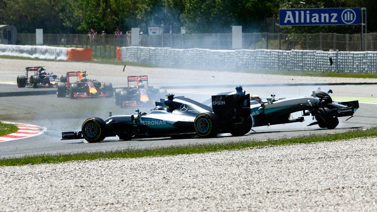 Lewis Hamilton and Mercedes team-mate Nico Rosberg crash out of the Spanish GP in 2016