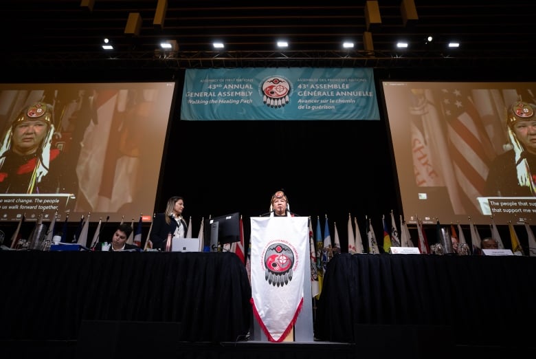 Assembly of First Nations National Chief RoseAnne Archibald speaks during the AFN's last annual general meeting in Vancouver on July 5, 2022.