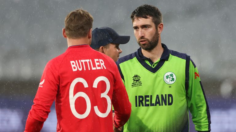 England&#39;s Jos Buttler, left, congratulates Ireland&#39;s Andrew Balbirnie following their T20 World Cup match