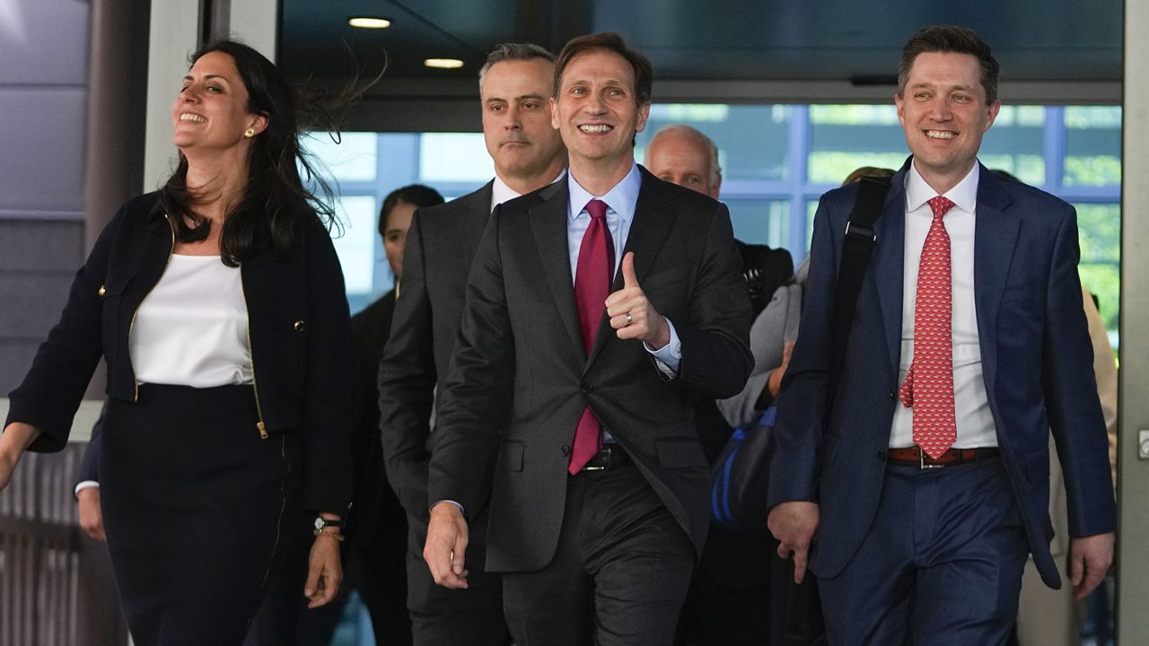 Attorneys representing Dominion Voting Systems, leave the New Castle County Courthouse in Wilmington, Del., after the defamation lawsuit by Dominion Voting Systems against Fox News was settled just as the jury trial was set to begin, Tuesday, April 18, 2023.