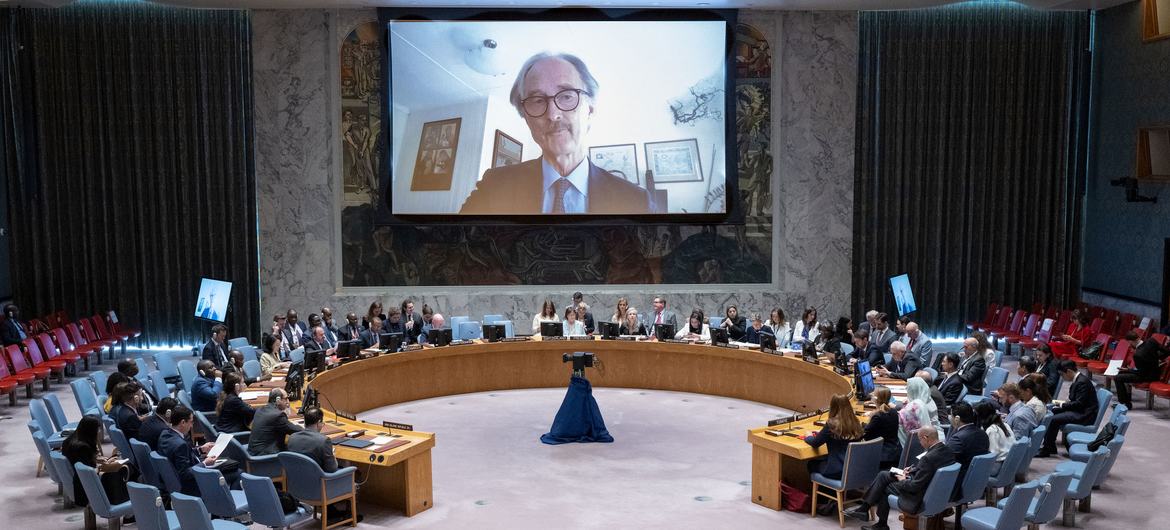 Geir Pedersen (on screen), Special Envoy of the Secretary-General for Syria, briefs members of the UN Security Council on the situation in  Syria.