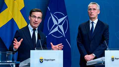 Sweden’s Prime Minister Ulf Kristersson (L) and Nato secretary general Jens Stoltenberg during a press conference in Stockholm in March after a meeting with Swedish party leaders who support Nato membership