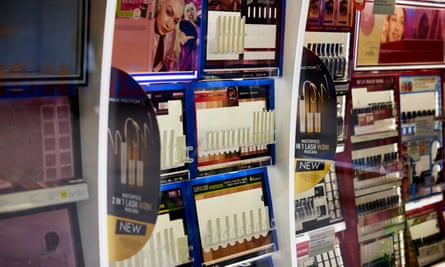 Empty makeup displays at Boots the chemist, where items have been removed to prevent shoplifting.