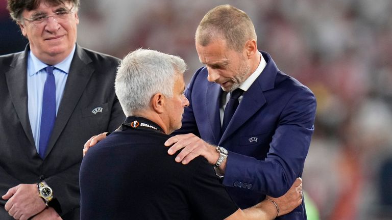 UEFA president Aleksander Ceferin talks with Mourinho