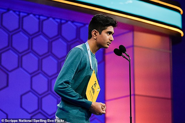 Arth Dalsania of Thousand Oaks, California, steps up to spell in the semifinals