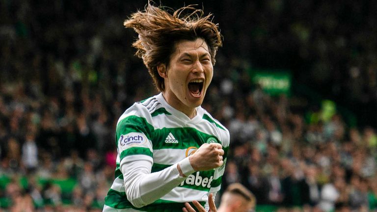 Kyogo Furuhashi celebrates after doubling Celtic&#39;s lead against Aberdeen