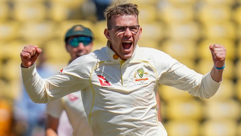 Australia&#39;s Todd Murphy celebrates the dismissal of India&#39;s Virat Kohli during the second day of the first Test in Nagpur (Associated Press)