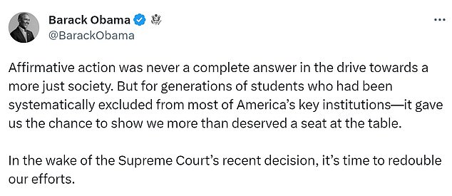 Former President Barack Obama and first lady Michelle Obama condemned the Supreme Court decision that was announced Thursday that gutted affirmative action in college admissions