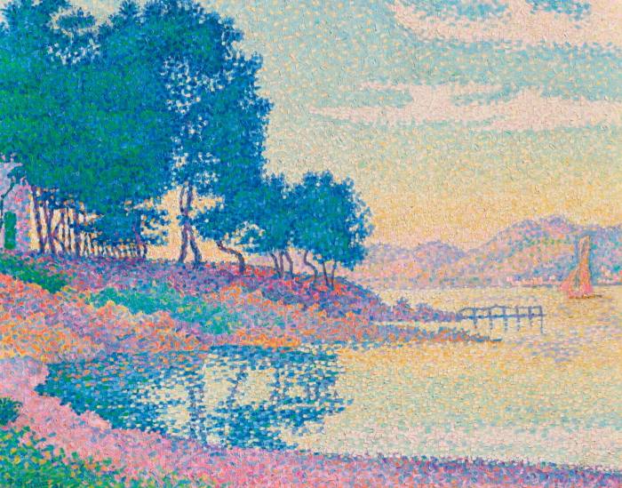 A painting of a bay and the flower and tree-lined shore in pale blues, pinks and greens 