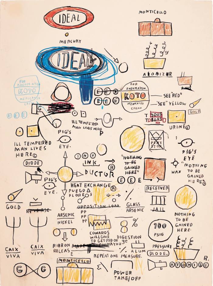 Sketches of ideas on paper by the artist Jean-Michel Basquiat