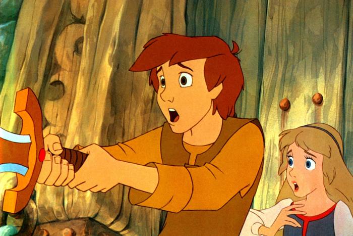 An animated image of a young man who looks surprised as he holds up a sword. Behind him is a young woman, who also looks surprised