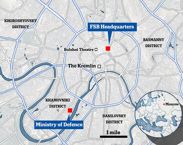 The Defence Ministry and the FSB headquarters are located just 3 miles away from each other in Moscow's city centre