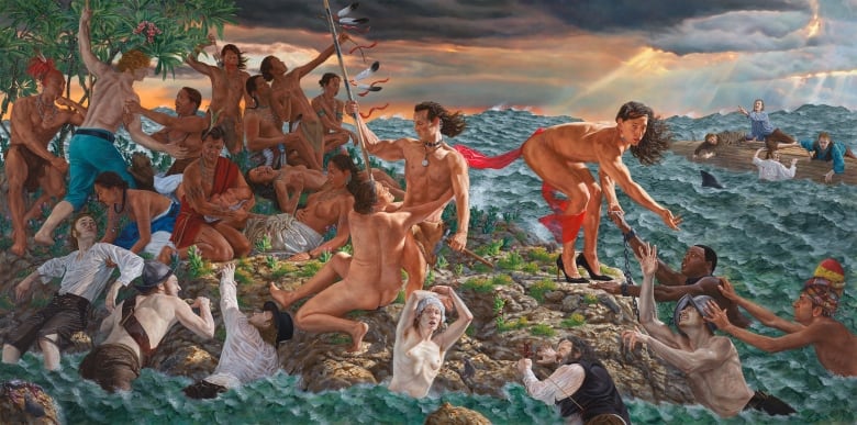 Welcoming the Newcomers is one of two massive new works by Cree artist Kent Monkman, part of his installation mistikôsiwak (Wooden Boat People), that will be on display in the Great Hall of the Metropolitan Museum of Art in New York from Dec. 17, 2019 until April 2020.