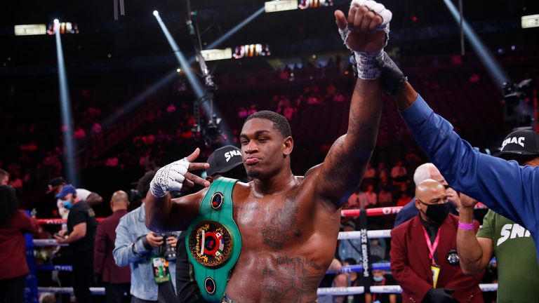 Jared Anderson celebrates after defeating Vladimir Tereshkin, of Russia, in a heavyweight boxing match Saturday, Oct. 9, 2021, in Las Vegas.