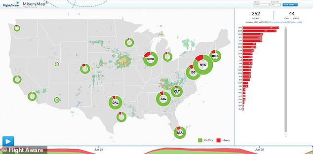 A 'misery map' shows the severity of flight delates and cancelations across the nation