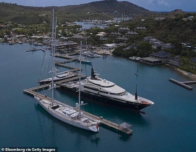 The superyacht Alfa Nero docked in Falmouth Harbour in Saint Paul Parish, Antigua, on Wednesday, April 20, 2023