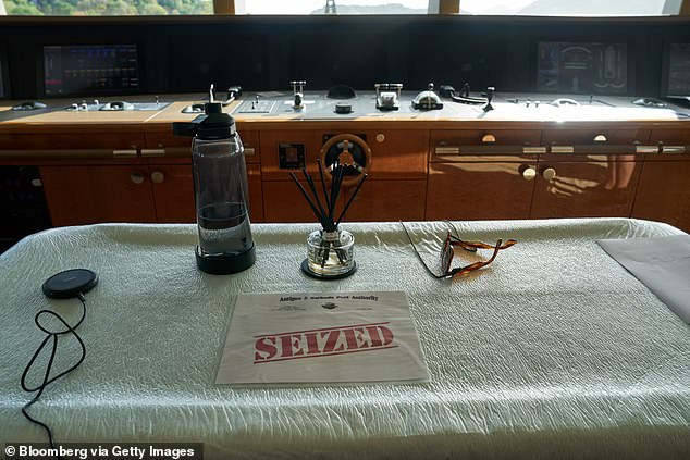 An Antigua & Barbuda Port Authority 'Seizure' sign onboard the superyacht Alfa Nero docked in Falmouth Harbour in Saint Paul Parish, Antigua, on Wednesday, April 20, 2023