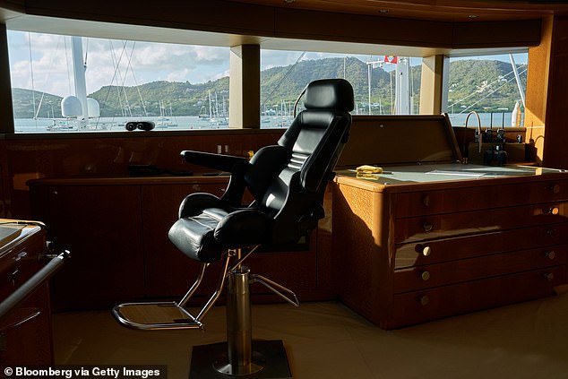 A chair on the bridge of the superyacht Alfa Nero docked in Falmouth Harbour in Saint Paul Parish, Antigua, on Wednesday, April 20, 2023