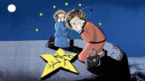 Ellie Foreman-Peck illustration of Thatcher kneeling, with her head in her hands, crying over a broken yellow star fallen from the EU flag  which is in the background. She is depicted twice in the same pose, one wearing her blue suit and again in a red suit and with her black bag by her side