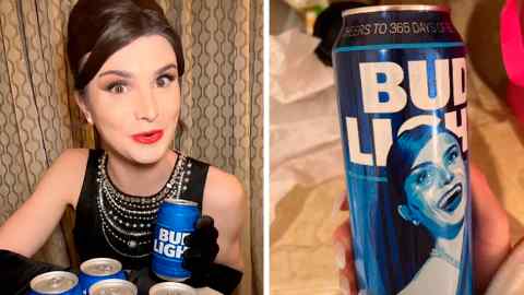 Dylan Mulvaney with cans of Bud Light, including one with her face on it