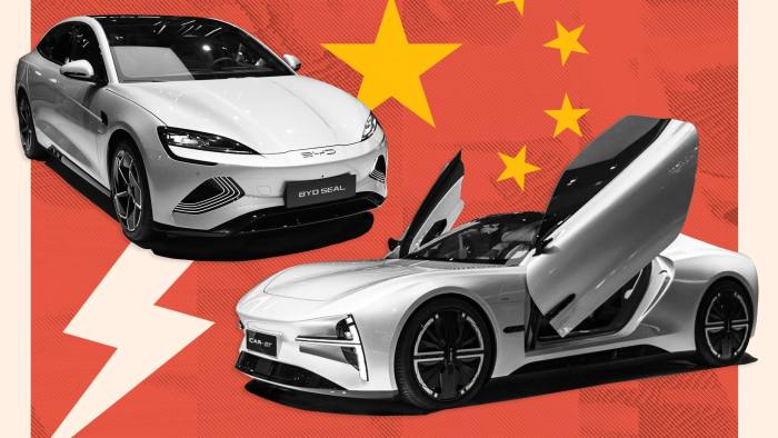 A montage showing two cars with the Chinese flag in the background