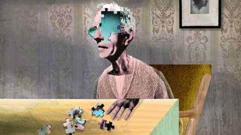 Illustration of a frail elderly man with glasses sitting at a table in front of a paisley wallpapered wall