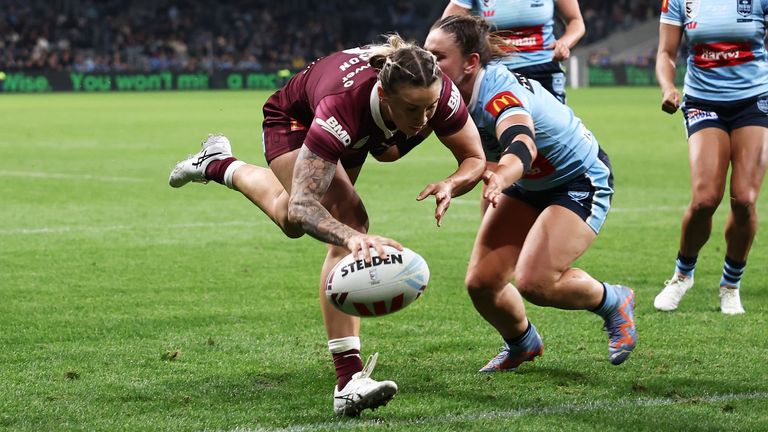 Julia Robinson goes over for one of her two tries in the Women's State of Origin opener