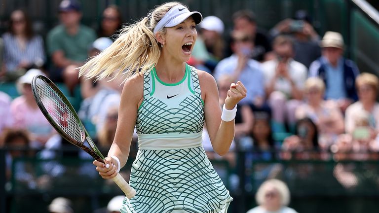 Great Britain&#39;s Katie Boulter celebrates after winning her match against Great Britain&#39;s Heather Watson during day six of the Rothesay Open 2023 at the Nottingham Tennis Centre. Picture date: Saturday June 17, 2023.