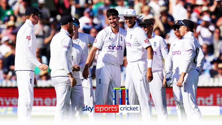 England&#39;s Josh Tongue (centre left) celebrates