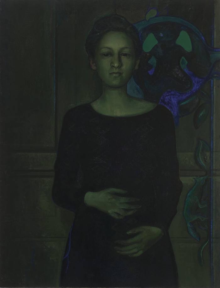 A painting of a pregnant woman in very dark shades of various colours 