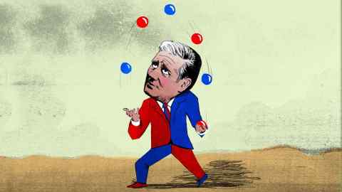 Illustration of Keir Starmer dressed in a red and blue suit, juggling red and blue balls above his head