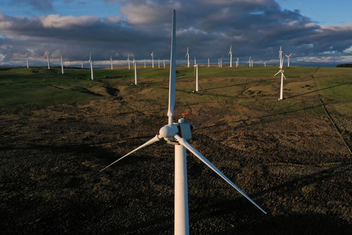 An aerial view shows turbines at an onshore wind farm in Llandinam, central Wales