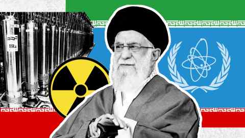 Montage image of Ayatollah Ali Khamenei, IR-6 centrifuges, the IAEA logo and the Iranian flag