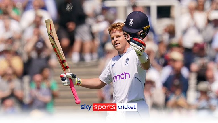 Ollie Pope celebrates after bringing up his century for England against Ireland at Lord&#39;s.