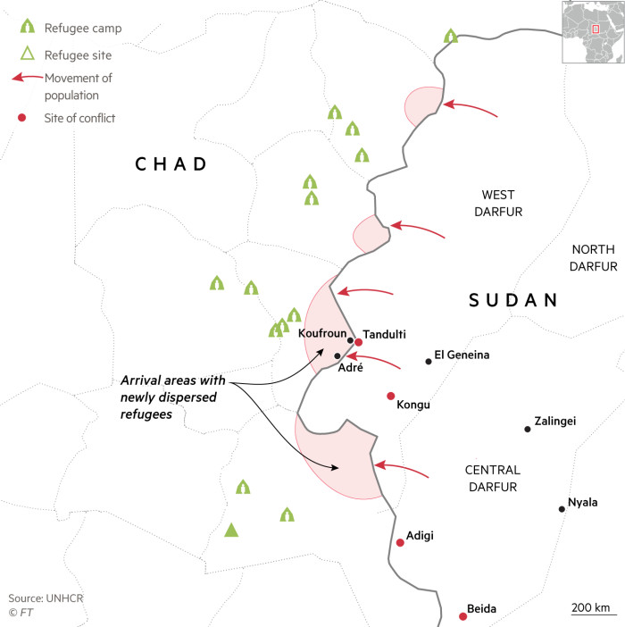 Map showing clashes and refugee camps along the border of Chad and the Darfur region of Sudan