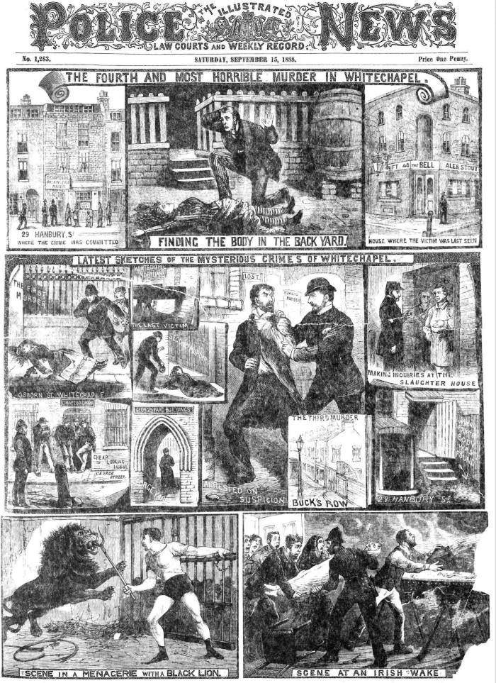 The front page of a newspaper is filled with black-and-white drawn images of Jack the Ripper, policemen and so on