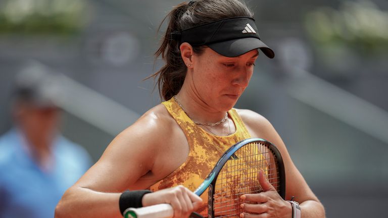 Jessica Pegula of the U.S. reacts against Russia&#39;s Veronika Kudermetova during their match at the Madrid Open tennis tournament in Madrid, Spain, Wednesday, May 3, 2023. (AP Photo/Manu Fernandez)