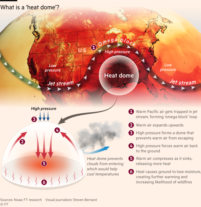 Graphic explaining how a heat dome works:  Warm Pacific air gets trapped in jet stream, forming ‘omega block’ loop. Warm air expands upwards. High pressure forms a dome that prevents warm air from escaping. High pressure forces warm air back to the ground. Warm air compresses as it sinks, releasing more heat. Heat causes ground to lose moisture, creating further warming and increasing likelihood of wildfires.   