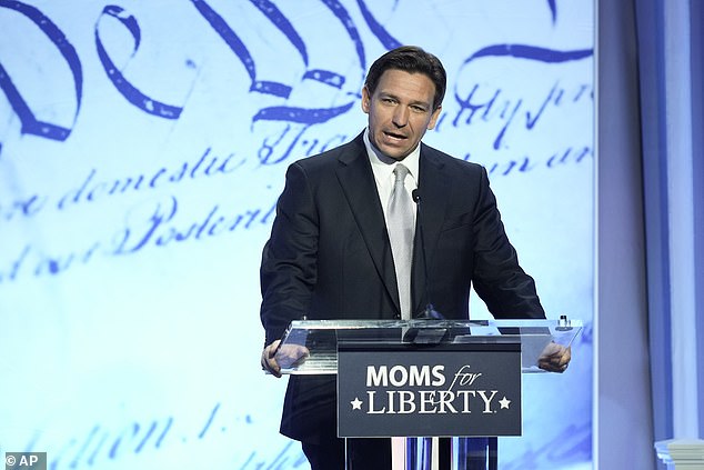 DeSantis is seen on Friday addressing the Moms for Liberty gathering in Philadelphia